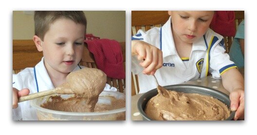 mixing a chocolate cake